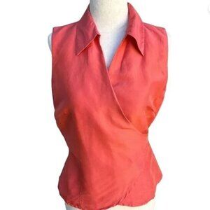100% Silk Yves Cossette Depeche Moda Coral Sleeveless Wrap Blouse - 10